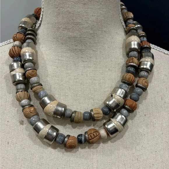 Unique Heavily Beaded, Wood & Metal Necklace - Picture 4 of 12